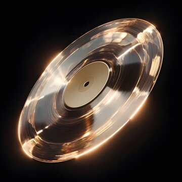 Transparent gold vinyl record with glowing edge on black background for futuristic music concept