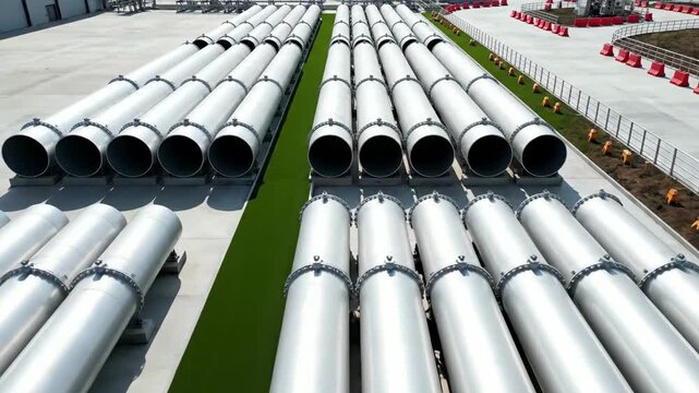 Large industrial pipes neatly arranged in rows at a construction site or manufacturing facility.