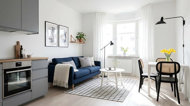 Modern scandinavian studio apartment interior with blue sofa and dining area