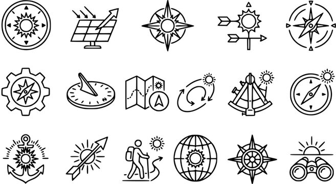 Navigation and Travel Icons: Compasses, Maps, Solar Power, Anchor, Binoculars - Line Art Style