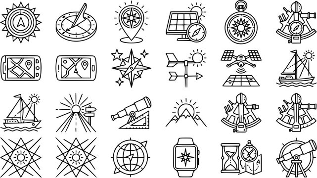 Navigation and Exploration Line Art Icon Set. Featuring Compasses, GPS, Sextants, Maps, and Outdoor Adventure Symbols for Travel and Directional Design.