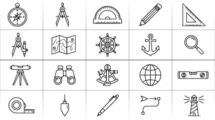 Fototapeta premium Black White Line Art Icons Set: Navigation, Surveying, Cartography Exploration Tools and Instruments Symbols
