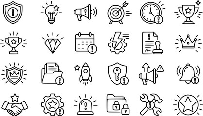 Fototapeta premium Essential Business, Technology Security Line Art Icons Set - Black and White Outline Symbols for Alerts, Success, and Important Information