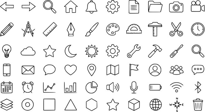 Black and White Line Art Icons for Technology and Business: Gear, File, Folder, Camera, Video Camera, Palette