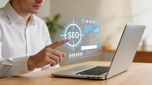 SEO search engine optimization strategy concept with man pointing at virtual interface showing analytics, ranking graphs, keywords and audience targeting on laptop screen in