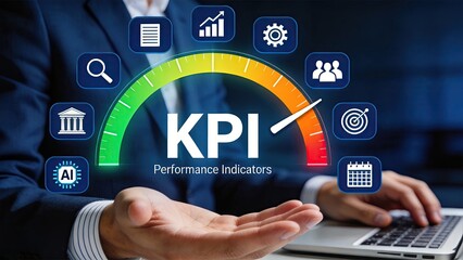 Fototapeta premium Business professional analyzing KPI performance indicators on dashboard, data analytics concept, corporate strategy and financial growth metrics visualization for management