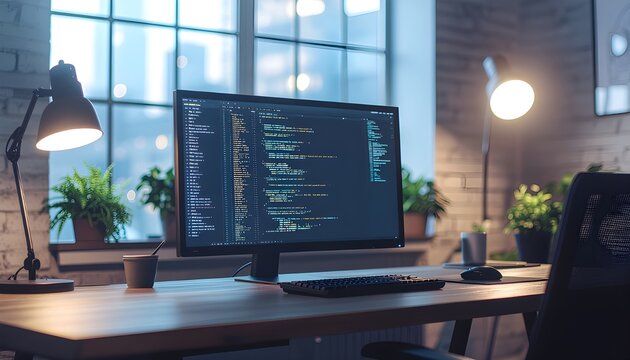 Cozy Developer Workspace at Night with Computer Monitor Displaying Software Code Lines on Desktop