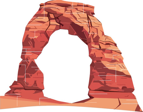 Flat vector illustration captures a stylized natural red rock arch, showcasing iconic geological desert formations, rugged sandstone textures, and southwestern landscape beauty in a clean, bold style.