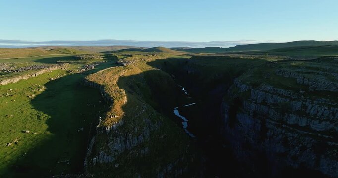 Flying over a limestone gorge in Yorkshire Dales