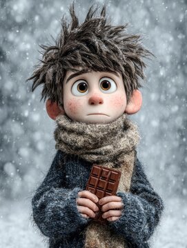 Full body of young boy Charlie in worn woolen sweater and scarf holding chocolate in snowy landscape, cute expressive face, cinematic 3D animation style, hopeful mood