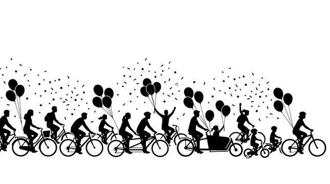 Celebration parade with cyclists and balloons in motion