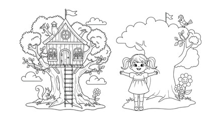 Obraz premium Treehouse and girl with tree vector illustration black and white