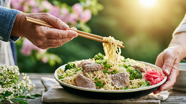 Person eating beef and broccoli noodles with chopsticks from a bowl at an outdoor table