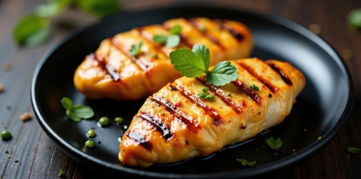 Perfectly grilled chicken breasts on a black grill plate Top view , culinary, cookout