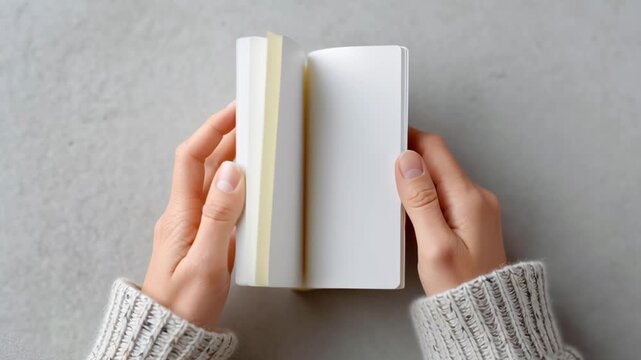 Hands gently hold open a blank book. Fingers rest lightly on clean white pages. Soft sweater sleeves frame the quiet moment. Stillness suggests calm reading or writing. Ideal for