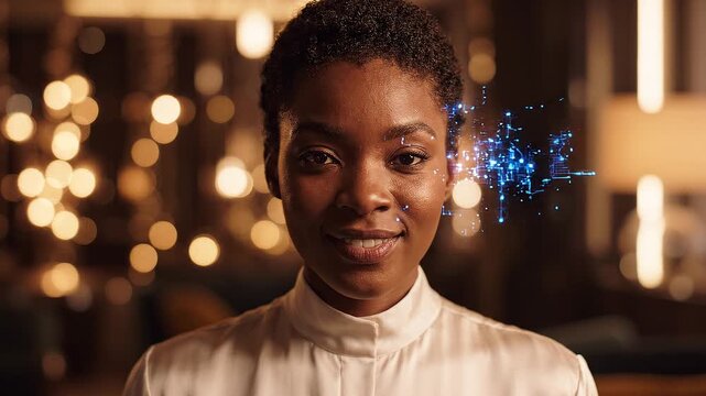 Woman with blue circuit patterns on face and glowing bokeh lights in background