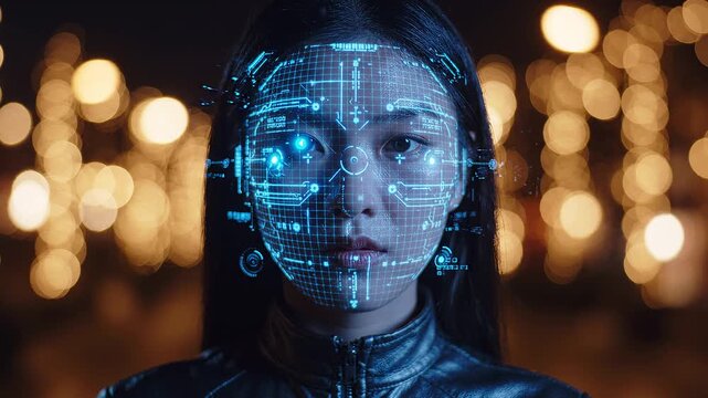 Woman with blue digital grid overlay and warm bokeh lights in background