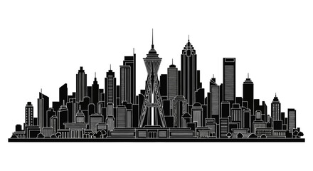 Obraz premium Modern City Skyline Silhouette with Iconic Tower on White Background