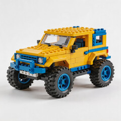 Naklejka premium A detailed built Lego off-road jeep model, featuring yellow and blue color scheme, large off-road tires, and realistic vehicle styling on a neutral white background.