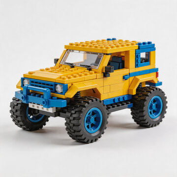A detailed built Lego off-road jeep model, featuring yellow and blue color scheme, large off-road tires, and realistic vehicle styling on a neutral white background.