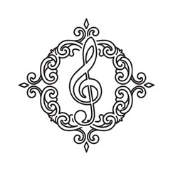 Fototapeta premium Treble Clef Music Symbol Vintage Ornate Filigree Frame Monochrome Design Elegant Branding Logo or Decorative Element for Classical Music