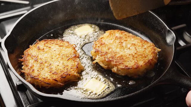 Golden Crispy Potato Pancakes Frying with Melting Butter in a Cast Iron Skillet on a Stovetop