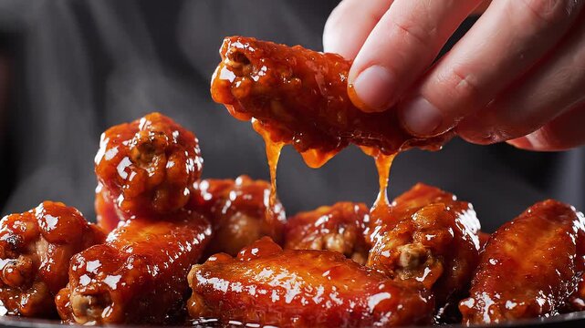 Hand Picking Up Spicy Glazed Chicken Wing Dripping Sauce from a Pile of Appetizing Wings