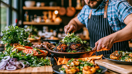 Obraz premium Professional chef cooking gourmet dish over high fire flames in a restaurant kitchen