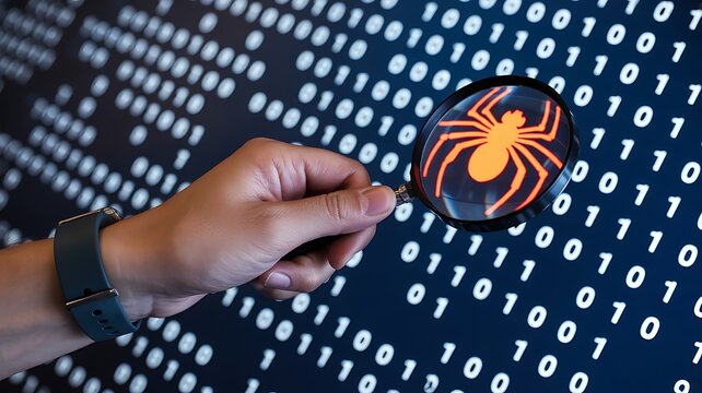 Magnifying glass detecting cyber threat on digital binary code background with malware security concept