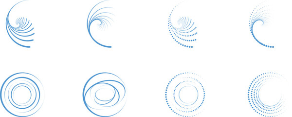 Abstract dotted circular frames set with radial halftone rings in blue gradient. Modern geometric round patterns for technology backgrounds branding and digital interface design elements pack. © Parul