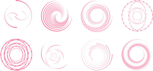 Abstract dotted circular frames set with radial halftone rings in pink gradient. Modern geometric round patterns for technology backgrounds branding and digital interface design elements pack. © Parul