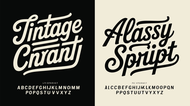 Vintage and classy script fonts with alphabet examples in black and white