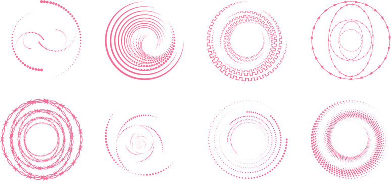 Abstract dotted circular frames set with radial halftone rings in pink gradient. Modern geometric round patterns for technology backgrounds branding and digital interface design elements pack.