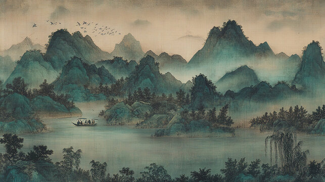 Traditional Chinese painting teal mountains green trees clouds lake two small boats people willows birds muted tones