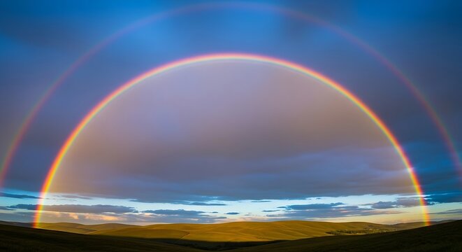Stunning double rainbow arching over a tranquil landscape.