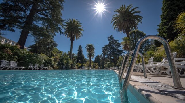 Swimming pool with clear water and sunny sky in the outdoors scene