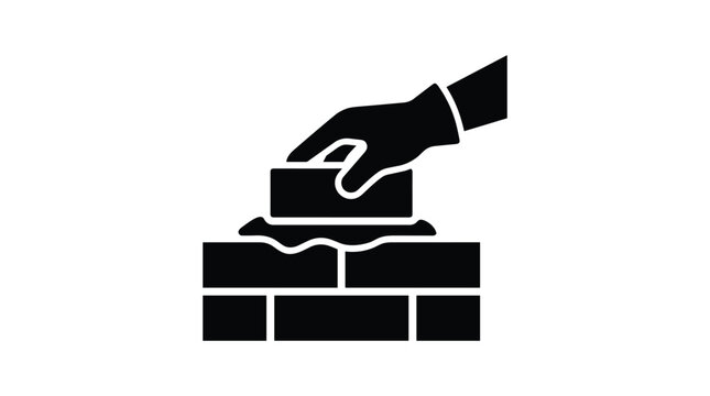 A hand placing a brick in mortar, depicting construction, masonry, or building work on a transparent background.