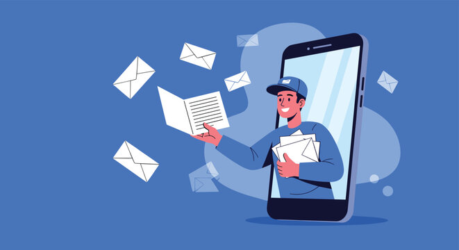 Delivery person appearing from a smartphone screen holding a stack of letters for a digital mail service.