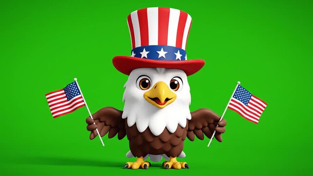 A cute cartoon bald eagle wearing an Uncle Sam hat and holding two American flags on a green screen background, representating Memorial Day, Veteran's Day, 4th of July, or other patriotic USA holiday.