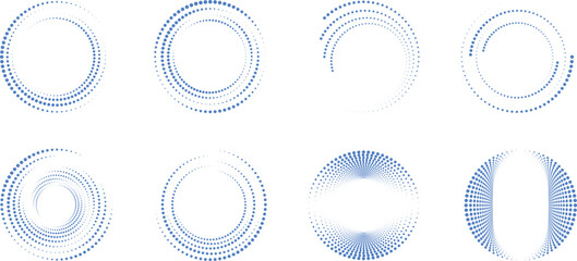 Abstract dotted circular frames set with radial halftone rings in blue gradient. Modern geometric round patterns for technology backgrounds branding and digital interface design elements pack. © Parul