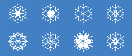Minimal snowflake icon collection with geometric winter crystal shapes and clean white decorative patterns. Modern seasonal symbols for holiday branding, Christmas graphics and festive design projects © Parul