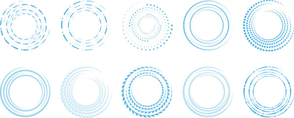 Abstract dotted circular frames set with radial halftone rings in blue gradient. Modern geometric round patterns for technology backgrounds branding and digital interface design elements pack. © Parul