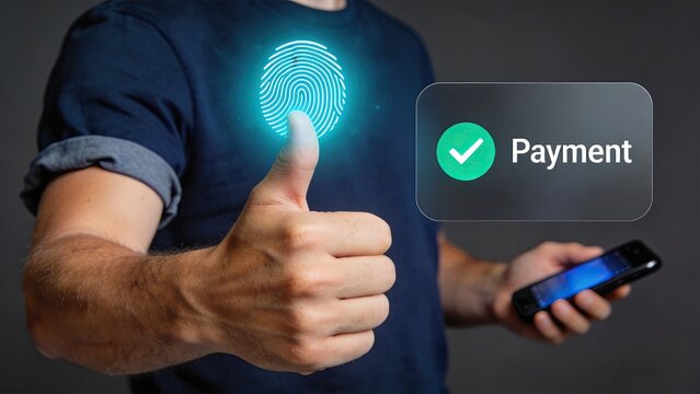 Man giving thumbs up after successful biometric fingerprint authentication for secure mobile payment transaction confirmed by green checkmark icon representing contactless