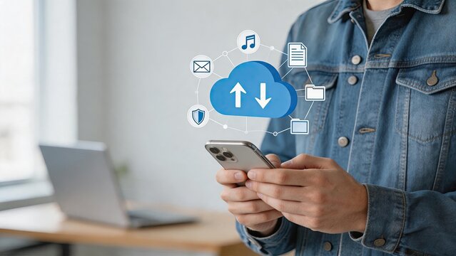 Man holding smartphone with cloud computing icons representing upload and download functions, data synchronization and file sharing technology, remote storage solution for