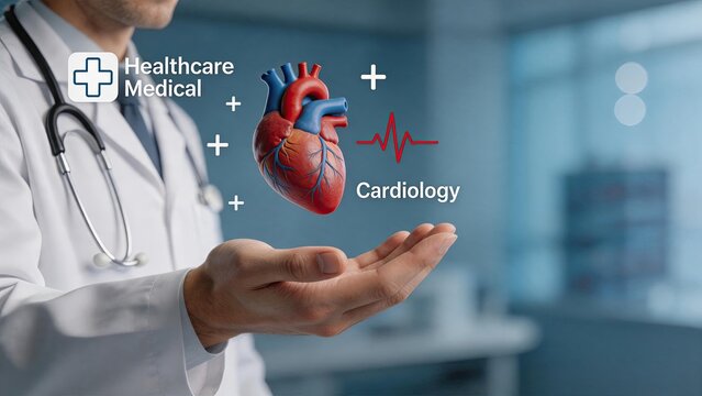 Doctor holding virtual heart model in hand, cardiology medical healthcare concept, cardiovascular system anatomy illustration, professional medicine and surgery treatment for
