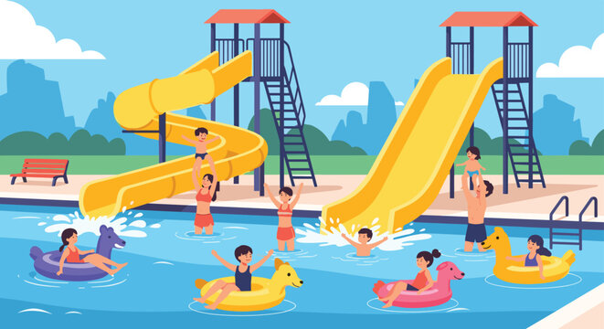 Families and children enjoy a fun summer day at a crowded water park featuring large yellow slides and refreshing swimming pools.