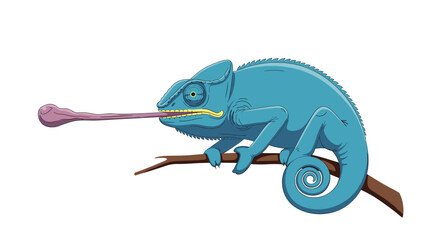 Naklejka premium Detailed illustration of a bright blue chameleon with its long sticky tongue extended to catch prey while perched on a tree branch.