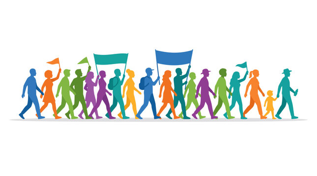 Colorful protest march with diverse crowd holding flags