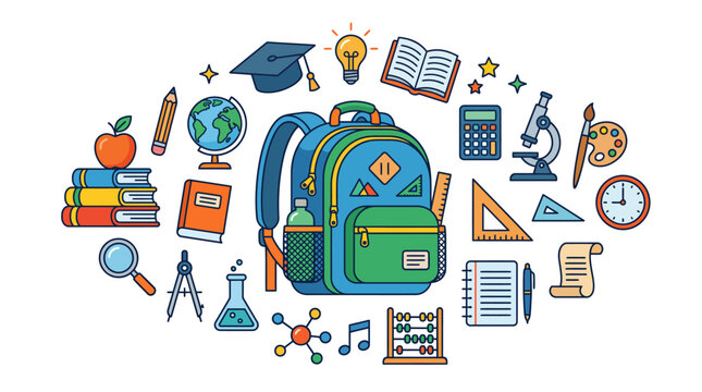 Colorful school backpack surrounded by learning tools