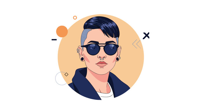 Modern portrait of a stylish person with an undercut hairstyle, dark sunglasses, and multiple piercings on their ears and nose.